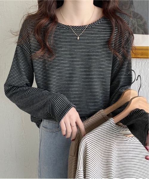 SHEPP(シープ)の「オーバーシルエット ボーダーロンT(Tシャツ/カットソー・レディース・ブラック/ブラウン/ホワイト・L/M)」の15枚目の写真