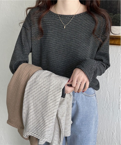 SHEPP(シープ)の「オーバーシルエット ボーダーロンT(Tシャツ/カットソー・レディース・ブラック/ブラウン/ホワイト・L/M)」の14枚目の写真