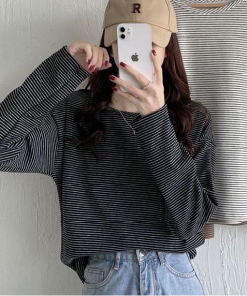 SHEPP(シープ)の「オーバーシルエット ボーダーロンT(Tシャツ/カットソー・レディース・ブラック/ブラウン/ホワイト・L/M)」の7枚目の写真