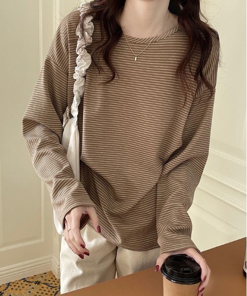 SHEPP(シープ)の「オーバーシルエット ボーダーロンT(Tシャツ/カットソー・レディース・ブラック/ブラウン/ホワイト・L/M)」の6枚目の写真