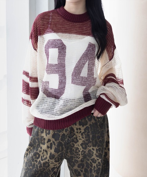 clear（クリア）の「ナンバリング透かしニットトップス[カジュアル 着回し抜群 大人]（ニット/セーター・レディース・ネイビー/グリーン/ボルドー・F）」の2枚目の写真