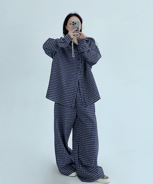韓国ファッション 【上下セット】RICECAKEチェック柄シャツ&ロングパンツセットアップ
