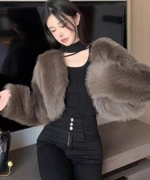 フェイクファー ショート丈 ノーカラーコート