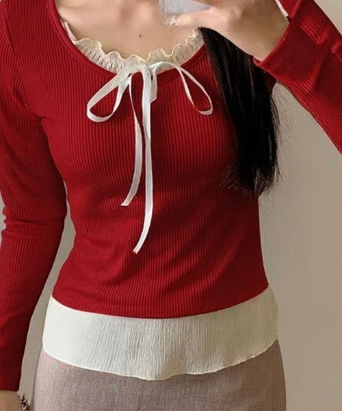 Mejoul（メジュール）の「フリルリボンレイヤード風リブヘンリートップス（Tシャツ/カットソー・レディース・ホワイト/グレー/ブラック/アイボリー/レッド・L/M）」の5枚目の写真