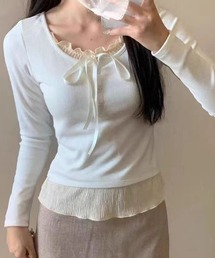 Mejoul | フリルリボンレイヤード風リブヘンリートップス(Tシャツ/カットソー)