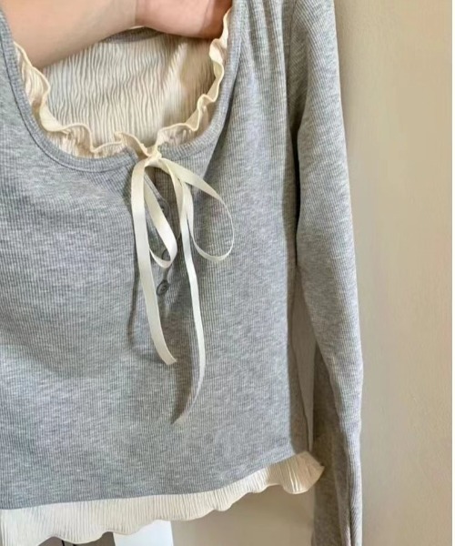 Mejoul（メジュール）の「フリルリボンレイヤード風リブヘンリートップス（Tシャツ/カットソー・レディース・ホワイト/グレー/ブラック/アイボリー/レッド・L/M）」の20枚目の写真