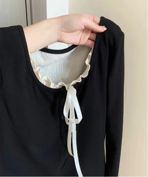 Mejoul（メジュール）の「フリルリボンレイヤード風リブヘンリートップス（Tシャツ/カットソー・レディース・ホワイト/グレー/ブラック/アイボリー/レッド・L/M）」の17枚目の写真