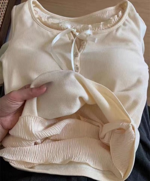 Mejoul（メジュール）の「フリルリボンレイヤード風リブヘンリートップス（Tシャツ/カットソー・レディース・ホワイト/グレー/ブラック/アイボリー/レッド・L/M）」の18枚目の写真