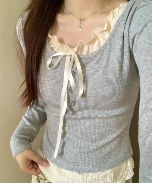 Mejoul（メジュール）の「フリルリボンレイヤード風リブヘンリートップス（Tシャツ/カットソー・レディース・ホワイト/グレー/ブラック/アイボリー/レッド・L/M）」の6枚目の写真