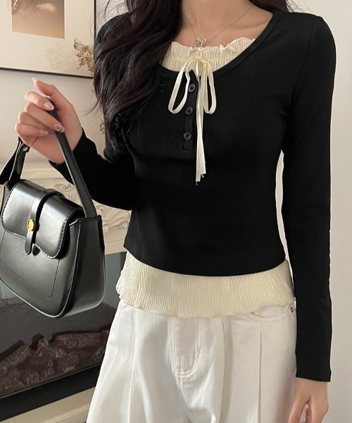 Mejoul（メジュール）の「フリルリボンレイヤード風リブヘンリートップス（Tシャツ/カットソー・レディース・ホワイト/グレー/ブラック/アイボリー/レッド・L/M）」の7枚目の写真