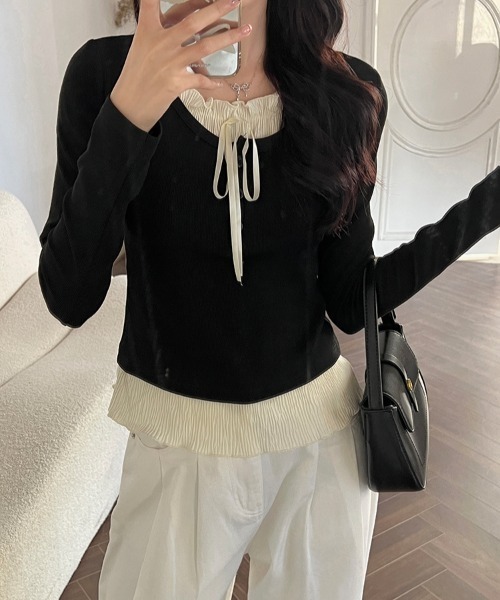 Mejoul（メジュール）の「フリルリボンレイヤード風リブヘンリートップス（Tシャツ/カットソー・レディース・ホワイト/グレー/ブラック/アイボリー/レッド・L/M）」の8枚目の写真