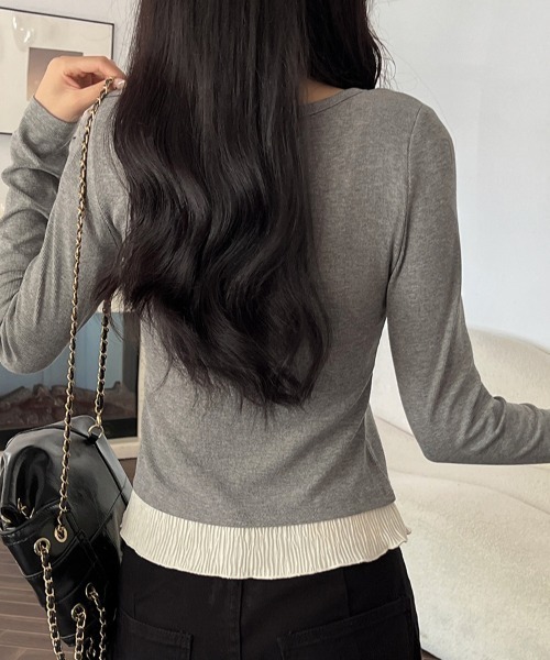 Mejoul（メジュール）の「フリルリボンレイヤード風リブヘンリートップス（Tシャツ/カットソー・レディース・ホワイト/グレー/ブラック/アイボリー/レッド・L/M）」の12枚目の写真