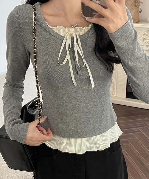 Mejoul（メジュール）の「フリルリボンレイヤード風リブヘンリートップス（Tシャツ/カットソー・レディース・ホワイト/グレー/ブラック/アイボリー/レッド・L/M）」の10枚目の写真