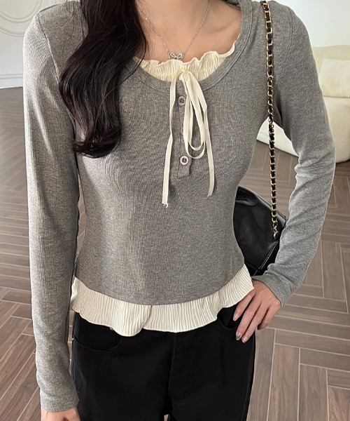 Mejoul（メジュール）の「フリルリボンレイヤード風リブヘンリートップス（Tシャツ/カットソー・レディース・ホワイト/グレー/ブラック/アイボリー/レッド・L/M）」の11枚目の写真