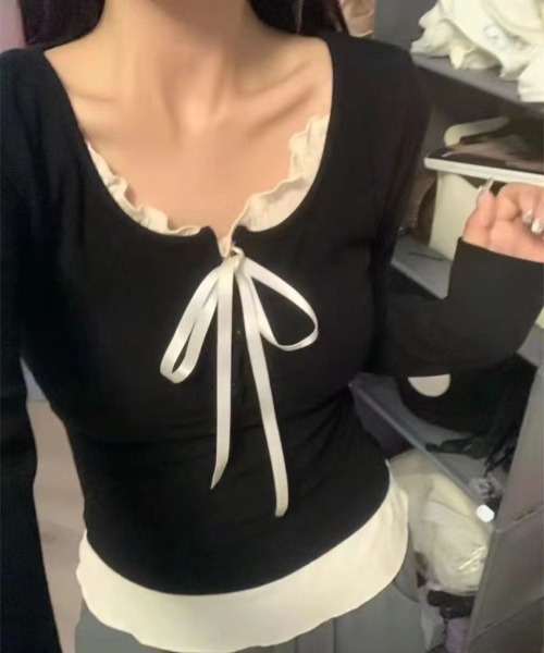 Mejoul（メジュール）の「フリルリボンレイヤード風リブヘンリートップス（Tシャツ/カットソー・レディース・ホワイト/グレー/ブラック/アイボリー/レッド・L/M）」の9枚目の写真