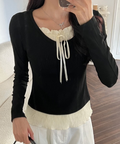 Mejoul（メジュール）の「フリルリボンレイヤード風リブヘンリートップス（Tシャツ/カットソー・レディース・ホワイト/グレー/ブラック/アイボリー/レッド・L/M）」の15枚目の写真