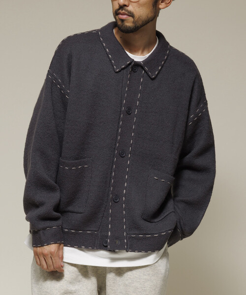 Firsthand（ファーストハンド）の「Firsthand/ファーストハンド 配色 ハンド ステッチ ニットジャケット / ニットカーディガン（カーディガン/ボレロ・メンズ・ネイビー/ブラック/グレー・L/M）」の4枚目の写真