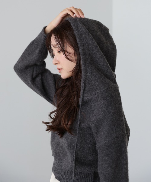 Bab（バブ）の「ショートフーディニットトップス（ニット/セーター・レディース・チャコールグレー/アイボリー/ピンク・FREE）」の2枚目の写真