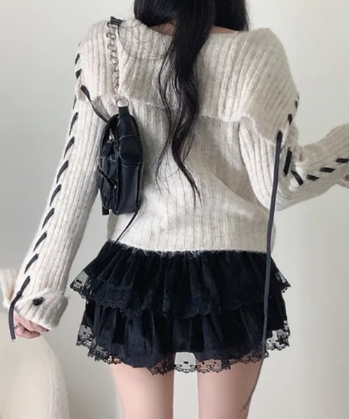VIVID LADY(ビビッドレディー)の「配色レースアップ ショート丈 ニットカーディガン(ニット/セーター・レディース・ライトグレー/アイボリー/チャコールグレー・FREE)」の13枚目の写真