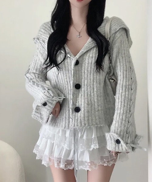 VIVID LADY(ビビッドレディー)の「配色レースアップ ショート丈 ニットカーディガン(ニット/セーター・レディース・ライトグレー/アイボリー/チャコールグレー・FREE)」の14枚目の写真