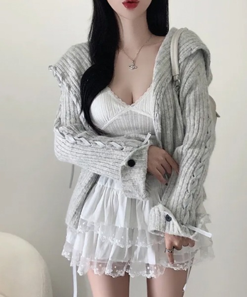 VIVID LADY(ビビッドレディー)の「配色レースアップ ショート丈 ニットカーディガン(ニット/セーター・レディース・ライトグレー/アイボリー/チャコールグレー・FREE)」の5枚目の写真