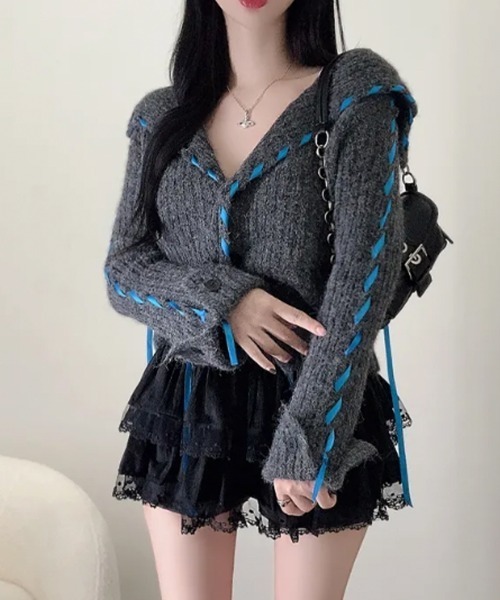 VIVID LADY(ビビッドレディー)の「配色レースアップ ショート丈 ニットカーディガン(ニット/セーター・レディース・ライトグレー/アイボリー/チャコールグレー・FREE)」の22枚目の写真