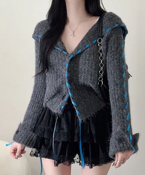 VIVID LADY(ビビッドレディー)の「配色レースアップ ショート丈 ニットカーディガン(ニット/セーター・レディース・ライトグレー/アイボリー/チャコールグレー・FREE)」の6枚目の写真