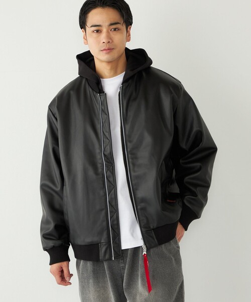 msr HUF 合成皮革 フルジップジャケット 黒 SHIPS Colors:合成皮革 ボア ボマー ジャケット（ブルゾン）｜SHIPS
