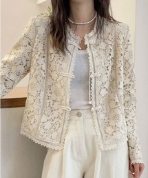 ノーカラージャケット（ホワイト/白色系・レース）ファッション通販