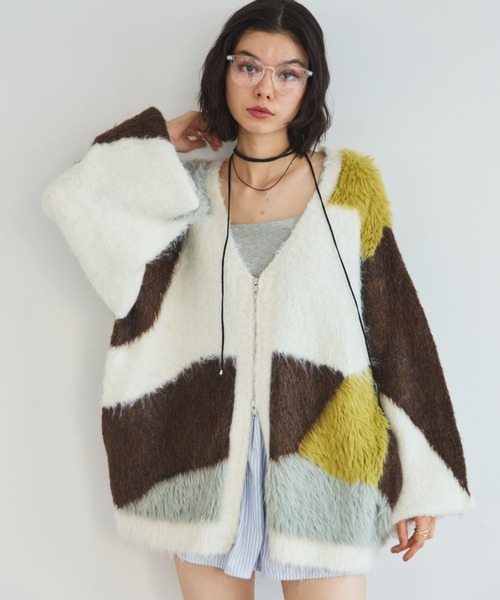 MIRROR STOKE(ミラーストーク)の「【ZOZO限定】ACCENT MATERIAL KNIT CARDIGAN/アクセントマテリアルニットカーディガン(ニット/セーター・レディース・ブルー/イエロー/ワインレッド・MEDIUM)」の1枚目の写真