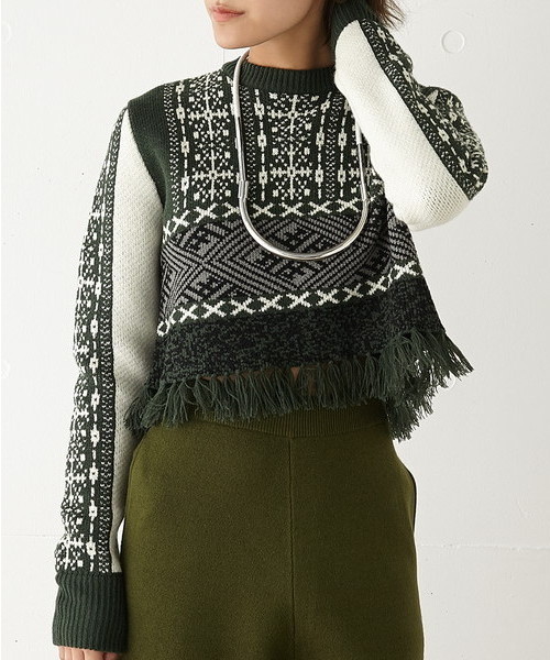 SLY（スライ）の「GEOMETRIC PATTERN MG TOPS（ニット/セーター・レディース・ダークグリーン/ブラック・1/2）」の2枚目の写真