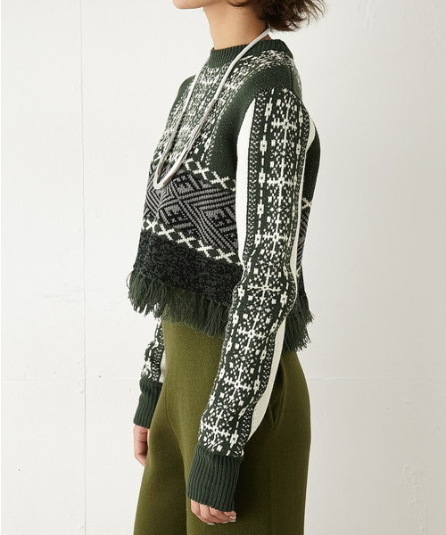 SLY（スライ）の「GEOMETRIC PATTERN MG TOPS（ニット/セーター・レディース・ダークグリーン/ブラック・1/2）」の7枚目の写真