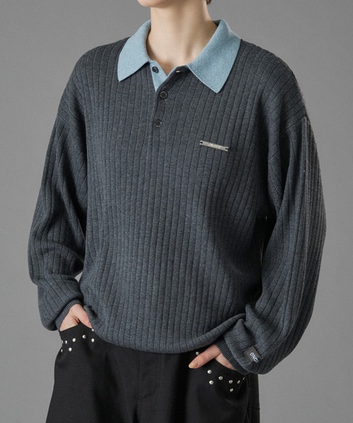 ONCILY(オンシェリー)の「CONTRAST COLLAR RIB KNIT POLO / 襟配色ニットポロ(ポロシャツ・メンズ・ベージュ/チャコールグレー/ブルー・SMALL/MEDIUM/LARGE)」の6枚目の写真