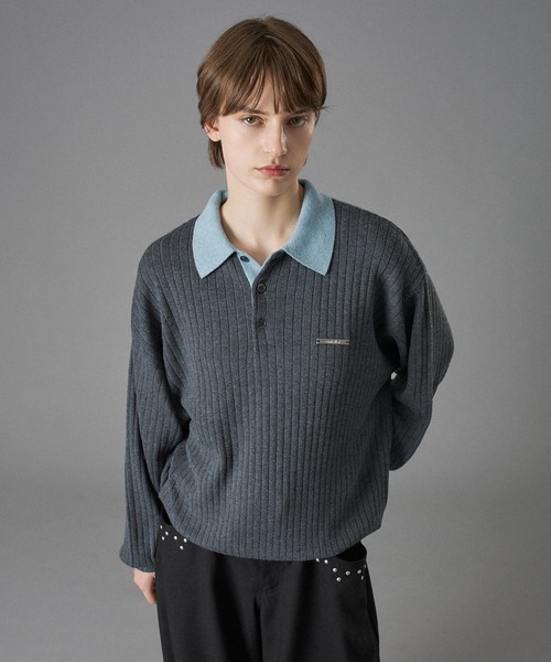 ONCILY(オンシェリー)の「CONTRAST COLLAR RIB KNIT POLO / 襟配色ニットポロ(ポロシャツ・メンズ・ベージュ/チャコールグレー/ブルー・SMALL/MEDIUM/LARGE)」の5枚目の写真