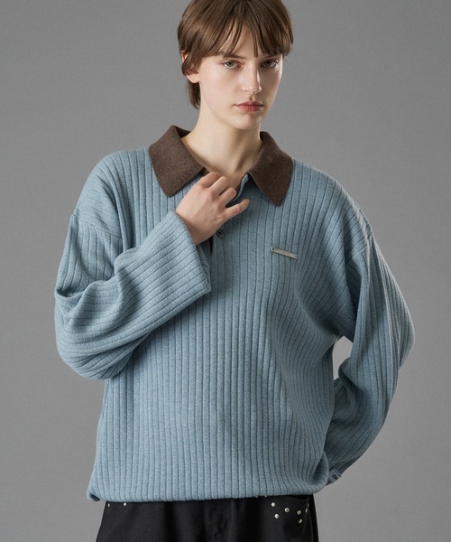 ONCILY(オンシェリー)の「CONTRAST COLLAR RIB KNIT POLO / 襟配色ニットポロ(ポロシャツ・メンズ・ベージュ/チャコールグレー/ブルー・SMALL/MEDIUM/LARGE)」の16枚目の写真