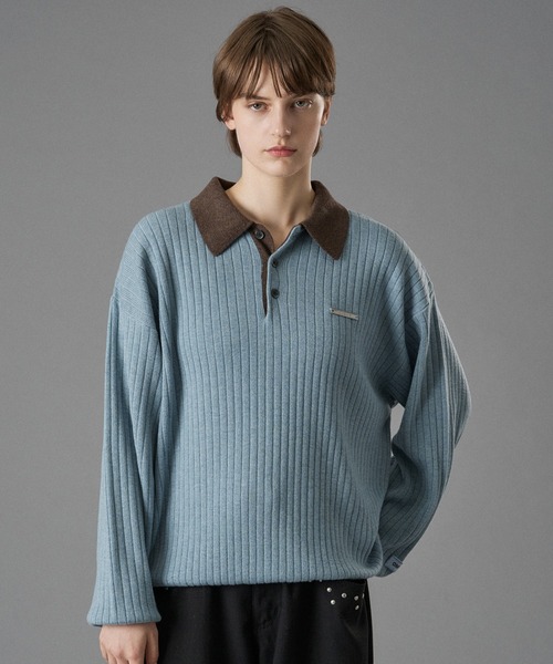 ONCILY(オンシェリー)の「CONTRAST COLLAR RIB KNIT POLO / 襟配色ニットポロ(ポロシャツ・メンズ・ベージュ/チャコールグレー/ブルー・SMALL/MEDIUM/LARGE)」の15枚目の写真