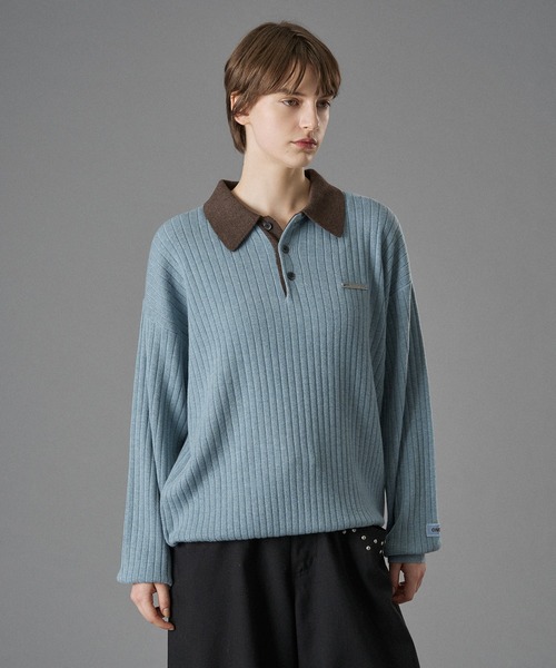 ONCILY(オンシェリー)の「CONTRAST COLLAR RIB KNIT POLO / 襟配色ニットポロ(ポロシャツ・メンズ・ベージュ/チャコールグレー/ブルー・SMALL/MEDIUM/LARGE)」の14枚目の写真