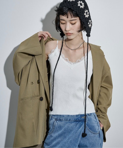 THE YOn（ザヨン）の「レースVネックリブコットンニットキャミ（キャミソール・レディース・カーキブラウン/ブラック/ブルー/グレー/オフホワイト・FREE）」の10枚目の写真