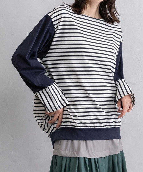 MARECHAL TERRE(マルシャルテル)の「ドッキングデザイントップス(Tシャツ/カットソー・レディース・ネイビー×ホワイト/ブラック×ホワイト/グレイッシュベージュ/ブラック・MEDIUM)」の11枚目の写真