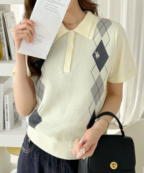 U.S. POLO ASSN.(ユーエスポロアッスン)の「【Ada.別注 U.S. POLO ASSN】ダブルカラー アーガイル ニット ポロシャツ(ポロシャツ・レディース・アイボリー/ネイビー/グレー・FREE)」の9枚目の写真