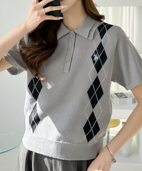 U.S. POLO ASSN.(ユーエスポロアッスン)の「【Ada.別注 U.S. POLO ASSN】ダブルカラー アーガイル ニット ポロシャツ(ポロシャツ・レディース・アイボリー/ネイビー/グレー・FREE)」の7枚目の写真
