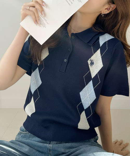 U.S. POLO ASSN.(ユーエスポロアッスン)の「【Ada.別注 U.S. POLO ASSN】ダブルカラー アーガイル ニット ポロシャツ(ポロシャツ・レディース・アイボリー/ネイビー/グレー・FREE)」の8枚目の写真