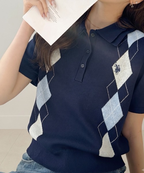 U.S. POLO ASSN.(ユーエスポロアッスン)の「【Ada.別注 U.S. POLO ASSN】ダブルカラー アーガイル ニット ポロシャツ(ポロシャツ・レディース・アイボリー/ネイビー/グレー・FREE)」の4枚目の写真