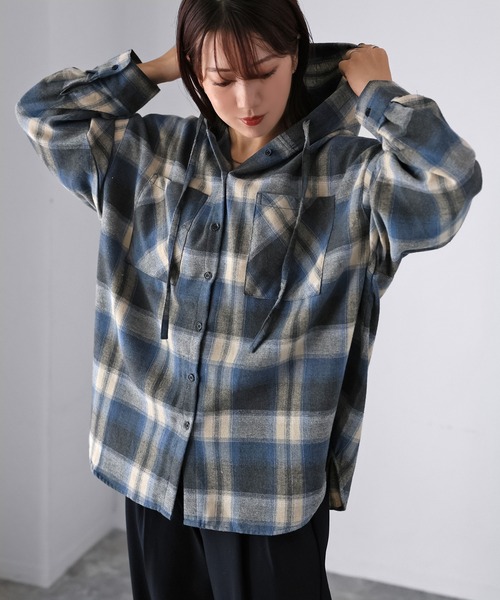 Riberry（リベリー）の「オンブレチェックフーディシャツ（シャツ/ブラウス・レディース・ブルー系/ブラック系/オレンジ系・FREE）」の9枚目の写真
