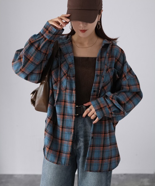 Riberry（リベリー）の「オンブレチェックフーディシャツ（シャツ/ブラウス・レディース・ブルー系/ブラック系/オレンジ系・FREE）」の4枚目の写真