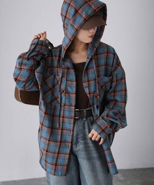 Riberry（リベリー）の「オンブレチェックフーディシャツ（シャツ/ブラウス・レディース・ブルー系/ブラック系/オレンジ系・FREE）」の5枚目の写真