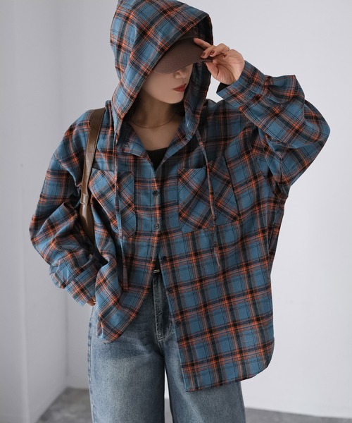 Riberry（リベリー）の「オンブレチェックフーディシャツ（シャツ/ブラウス・レディース・ブルー系/ブラック系/オレンジ系・FREE）」の21枚目の写真