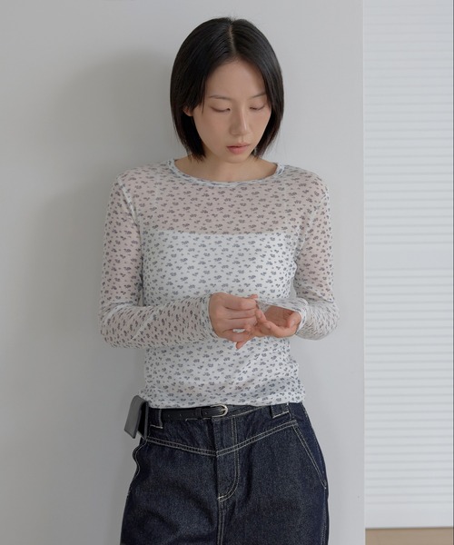 UNE MANSION(ユヌマンション)の「ジャスミンフラワーレイヤードインナーTシャツカットソー(Tシャツ/カットソー・レディース・グレー/ホワイト/ミント・FREE)」の5枚目の写真