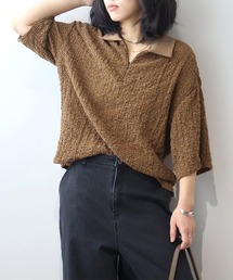 【M~5L】シャーリングニットハーフZIPポロ