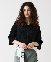 【M～5L】シャーリングニットハーフZIPポロ